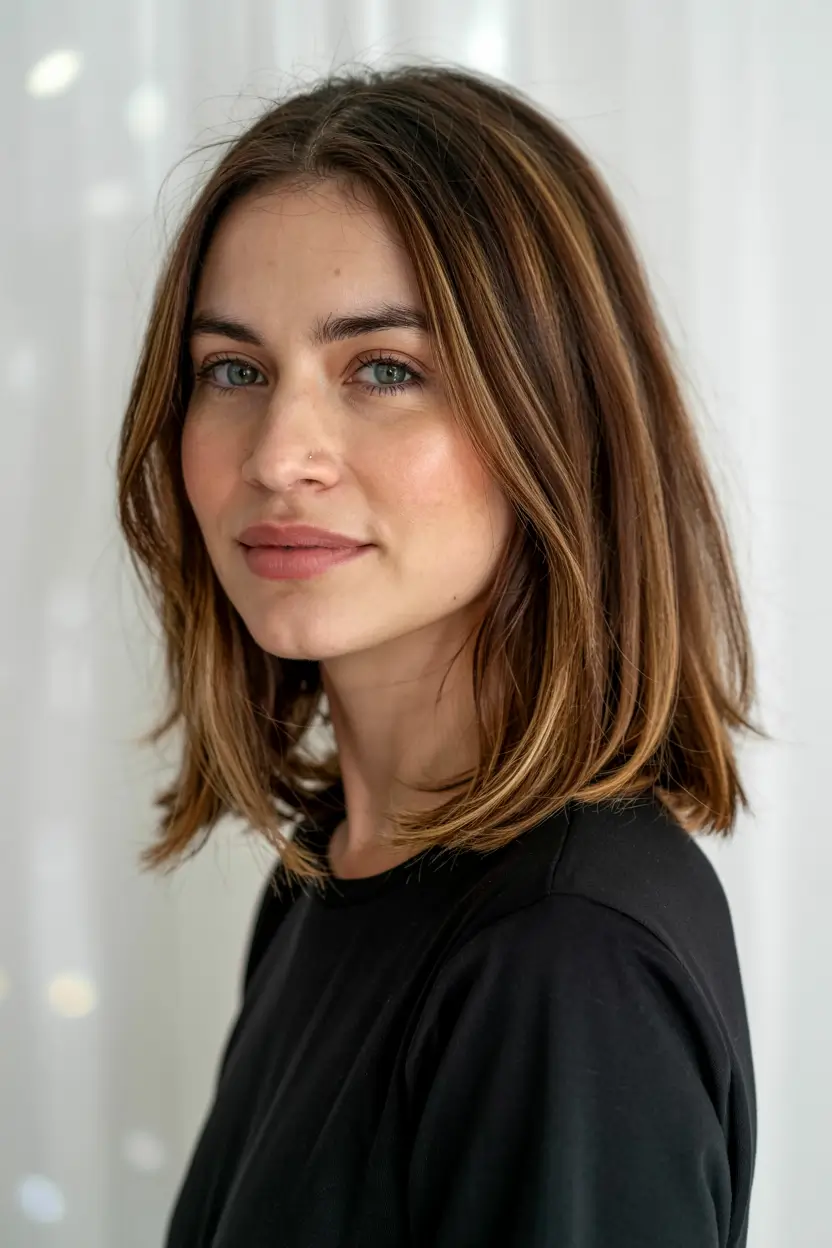 fall 2025 haircuts for women over 40+Rounded Blunt Bob with Caramel Ribbons