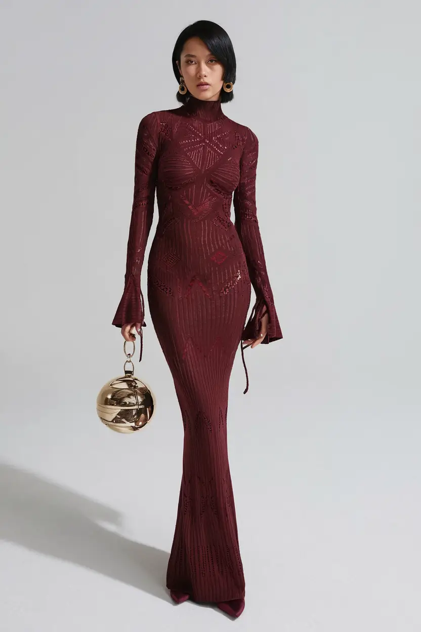 fall birthday outfit ideas 2025 Sculptural Elegance in Burgundy Lace