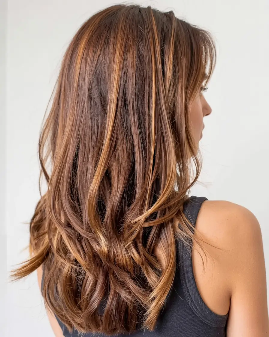 fall brown hair color ideas 2025 Spiced Caramel Highlights