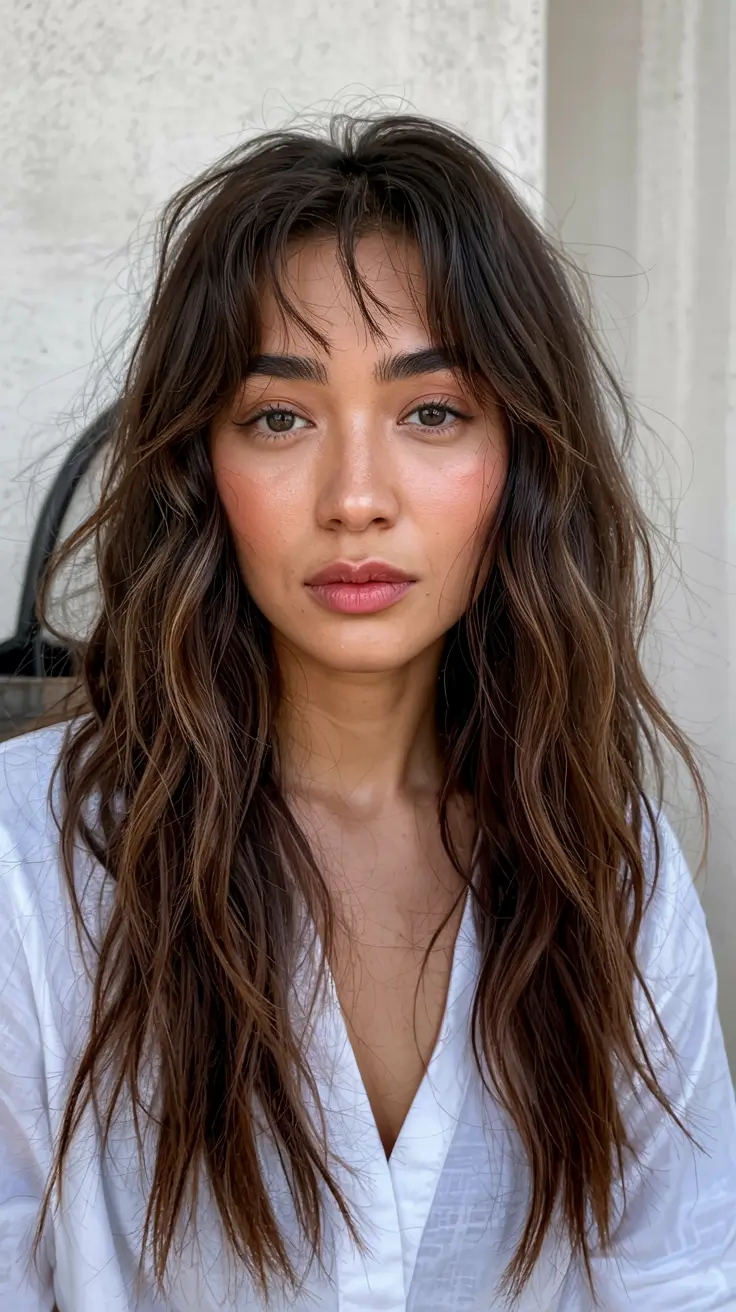 fall brown hair color ideas 2025 Textured Walnut Layers with Fringe