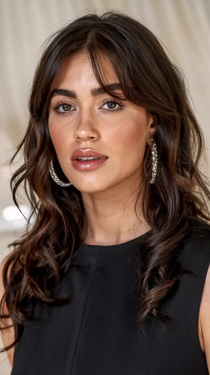 fall brown hair color ideas 2025 Velvet Brunette with Soft Fringe