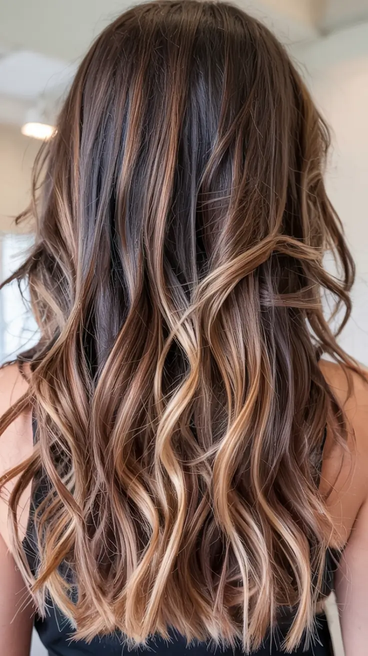 fall brown hair color ideas 2025+Wavy Chestnut With Sunkissed Flicks