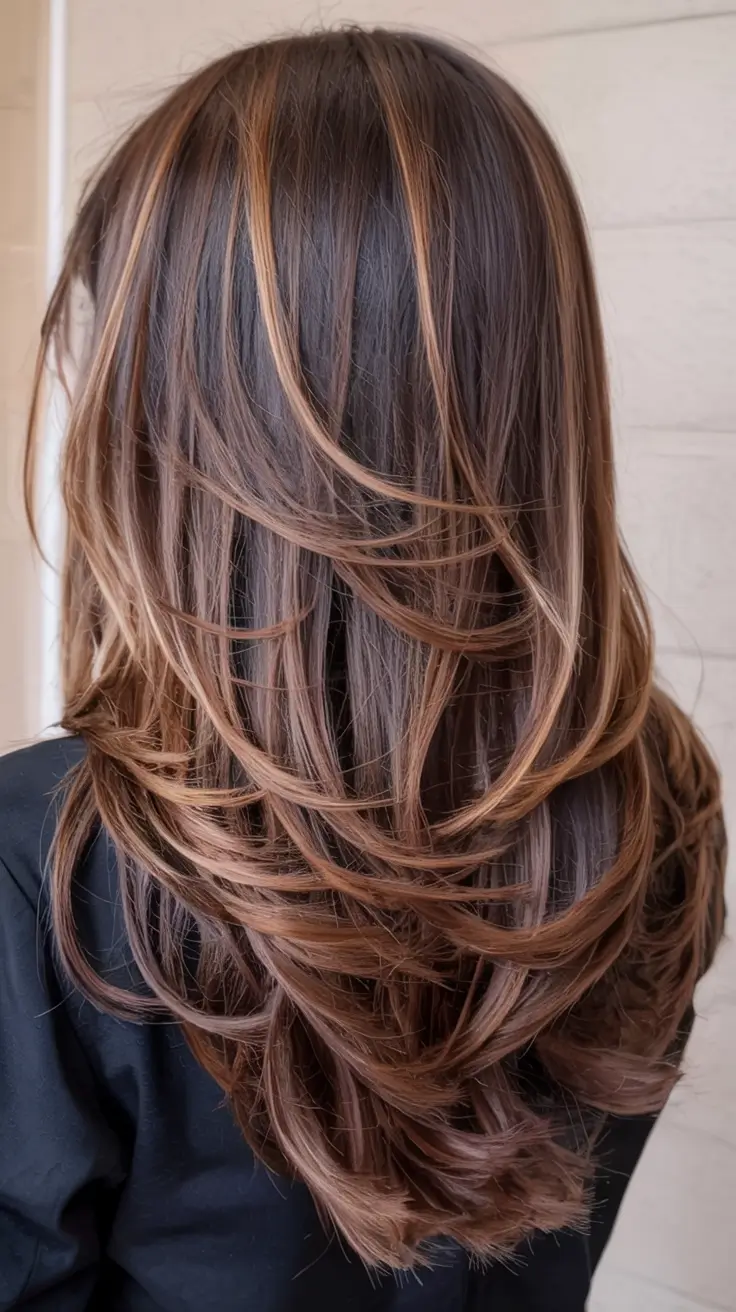 fall brown hair color ideas 2025 Toasted Caramel Flick Layers