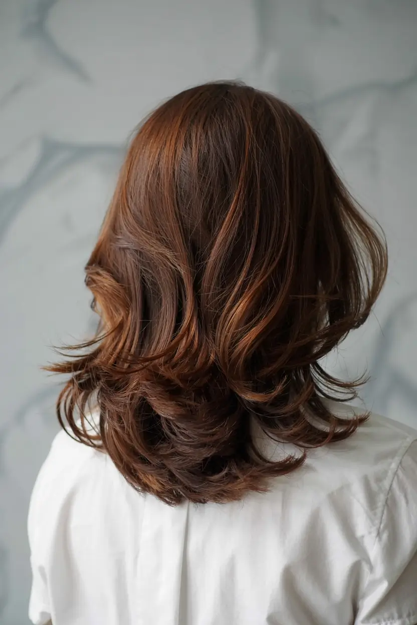 fall brunette hair color ideas 2025 Layered Cinnamon Bob with Swing Volume