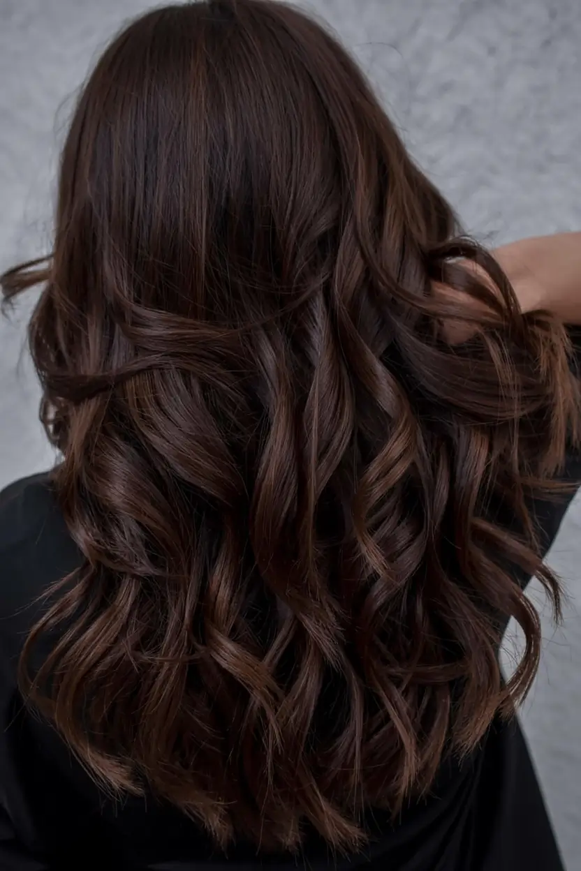 fall brunette hair color ideas 2025 Deep Truffle Brown with Barrel Curls