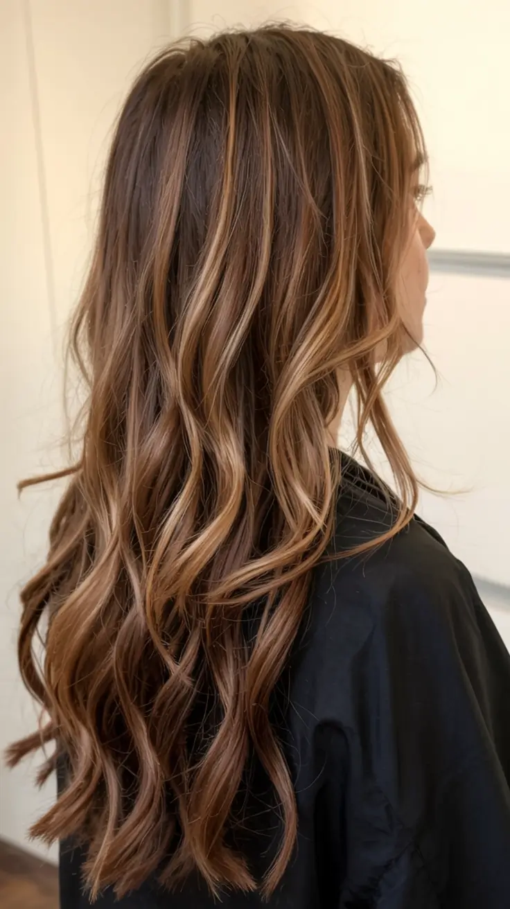 fall brunette hair color ideas 2025 Toffee Swirl Balayage with Textured Waves