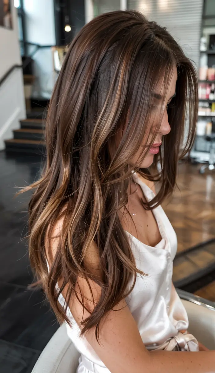 fall brunette hair color ideas 2025 Caramel Root Stretch with Dimensional Flow