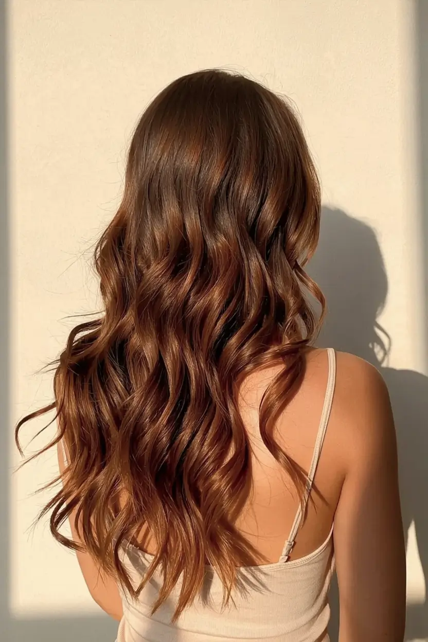 fall brunette hair color ideas 2025 Warm Cinnamon Chestnut Waves