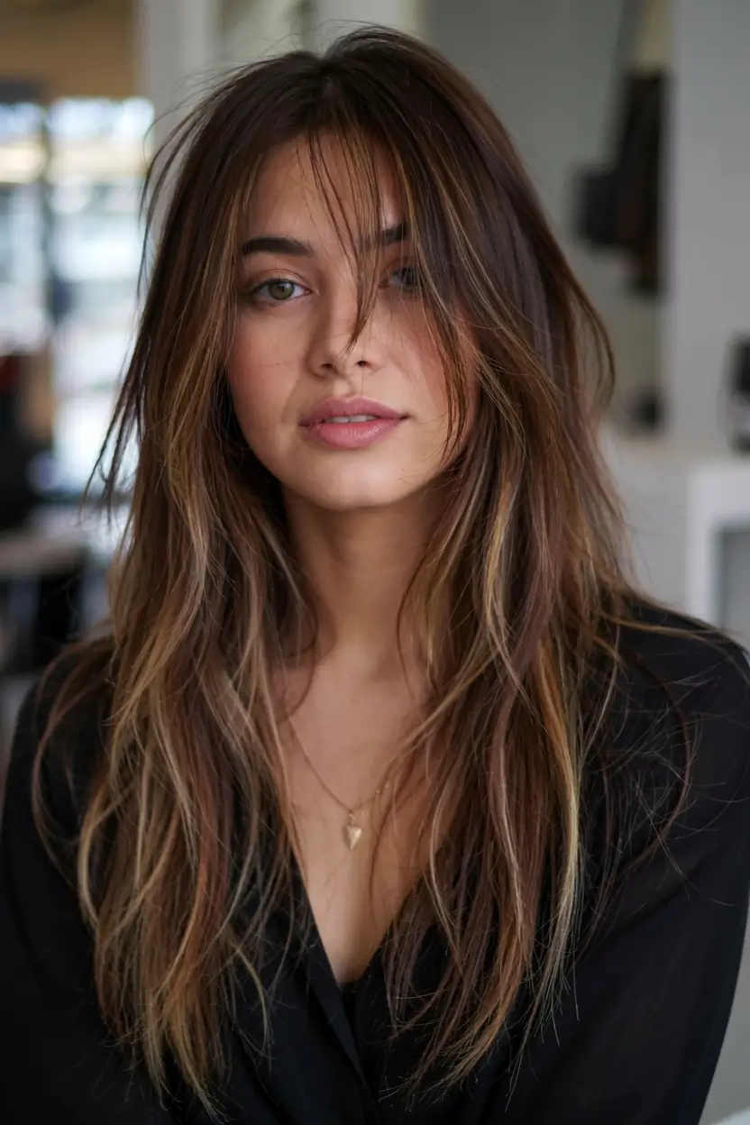 fall brunette hair color ideas 2025 Bronzed Brunette with Curtain Bangs