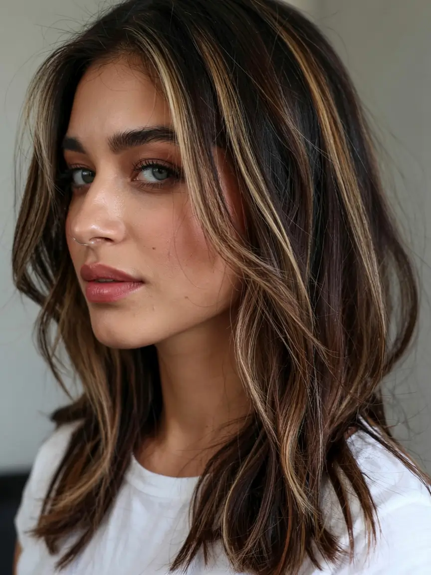 fall brunette hair color ideas 2025 Chunky Honey Panels on Mid-Length Lob