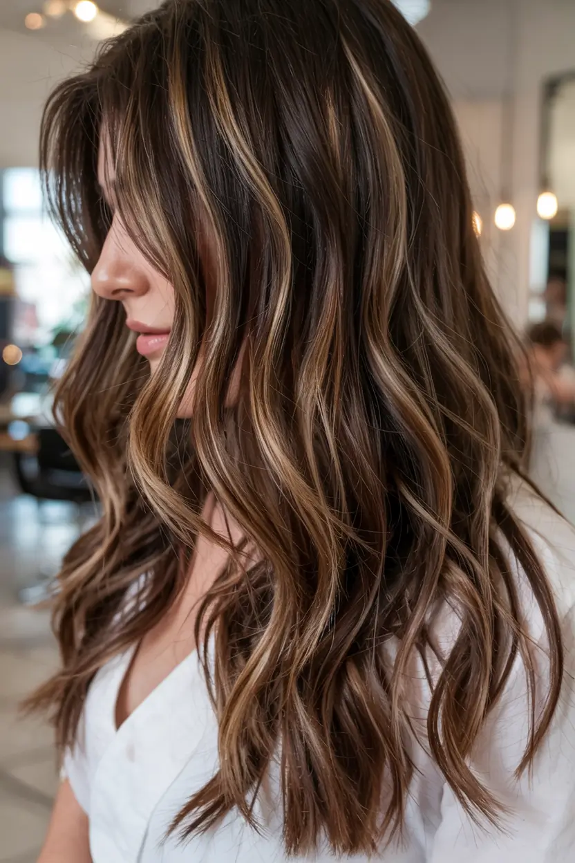 fall brunette hair color ideas 2025 Golden Ribbons in Loose Chocolate Layers