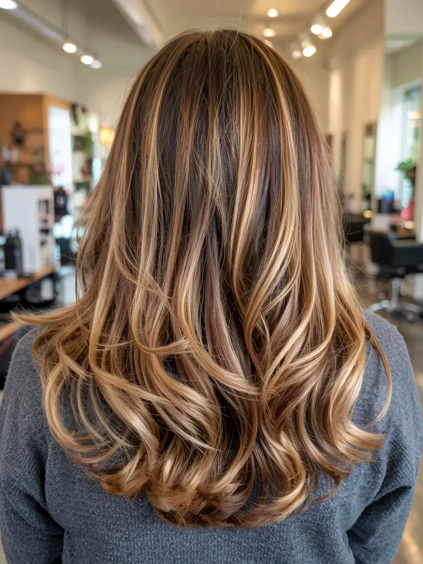 fall brunette hair color ideas 2025 Soft Caramel Layered Volume Blowout