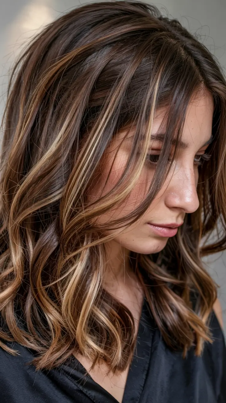 fall brunette hair color ideas 2025 Honey-Touched Chestnut with Curtain Bangs