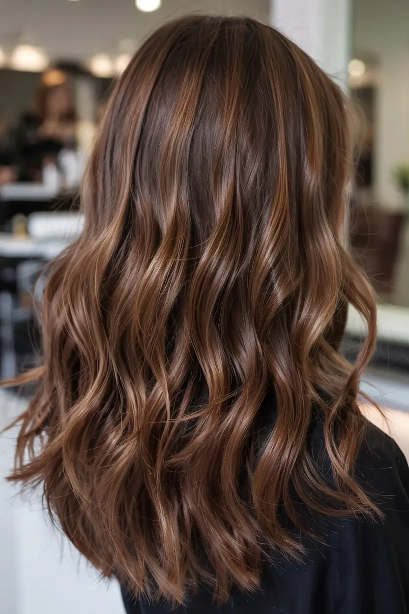 fall brunette hair color ideas 2025 Glossy Soft Mocha Flow