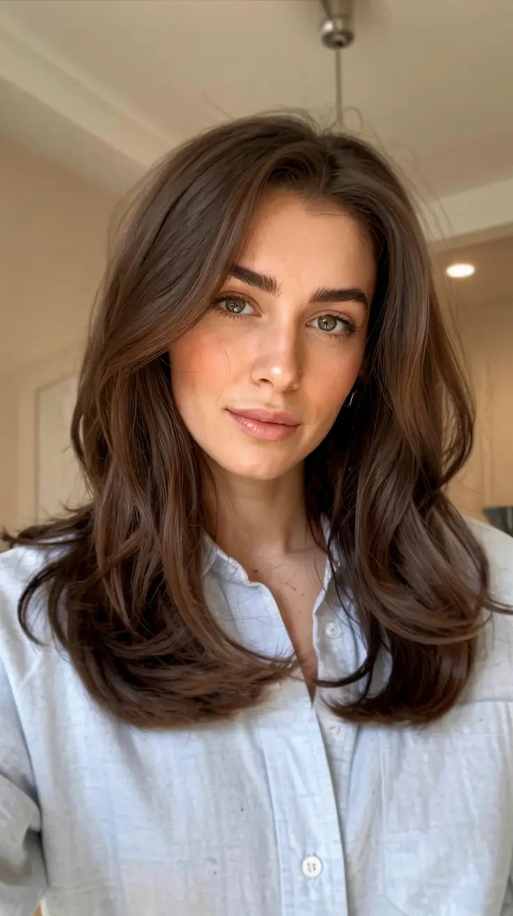 fall brunette hair color ideas 2025 Classic Hazelnut with a Soft Blowout
