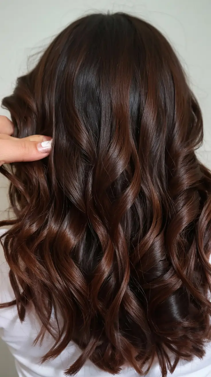 fall brunette hair color ideas 2025 Velvet Chocolate with Cinnamon Reflects