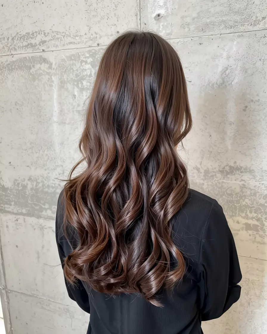 fall brunette hair color ideas 2025 Mocha Bean Curls with Glossed Ends