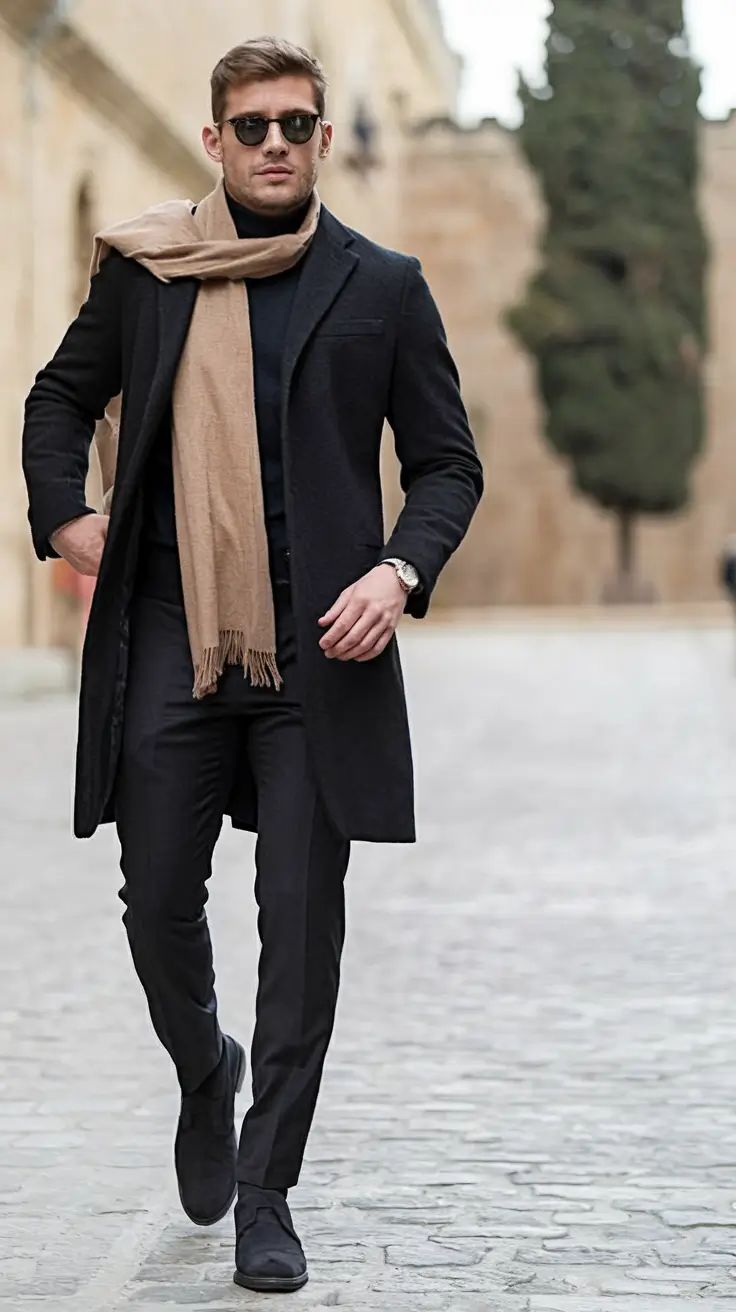 fall business casual outfits for men 2025+Midnight Classic With a Scarf Accent
