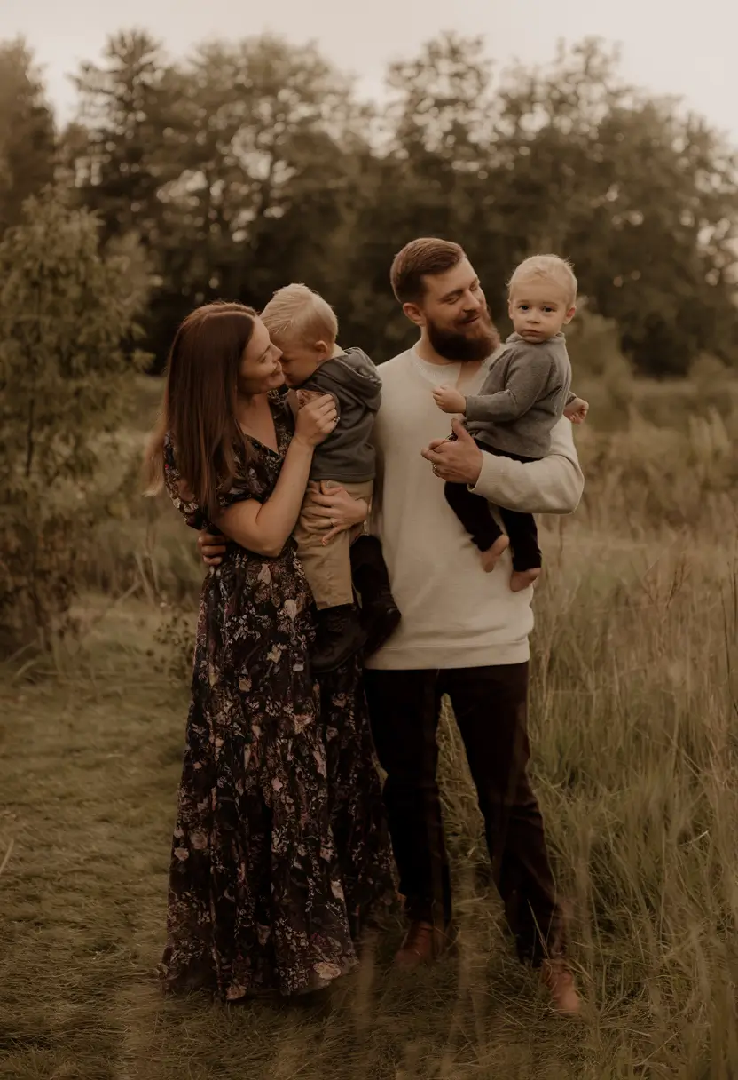 fall family pictures outfits ideas 2025-Muted Florals and Soft Knits in the Pines