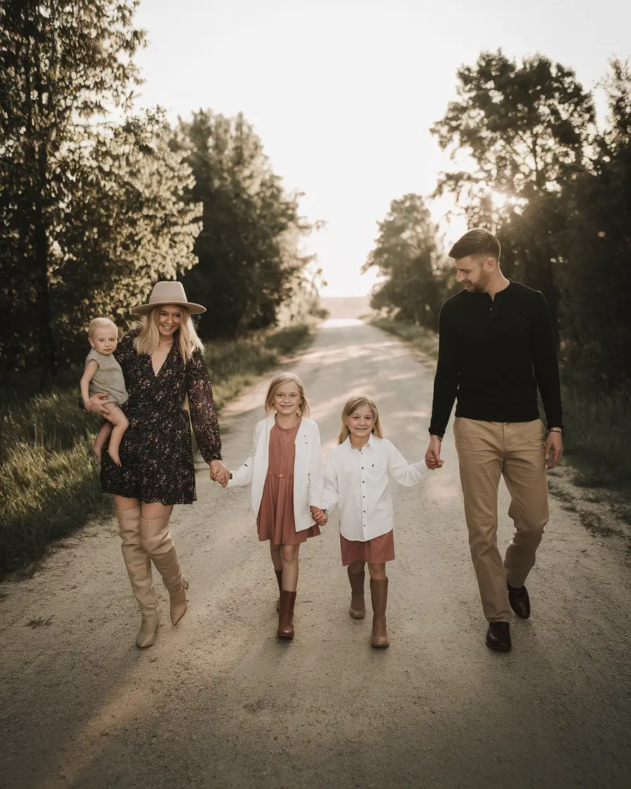 fall family pictures outfits ideas 2025-Mini Dresses and Tall Boots on a Country Road