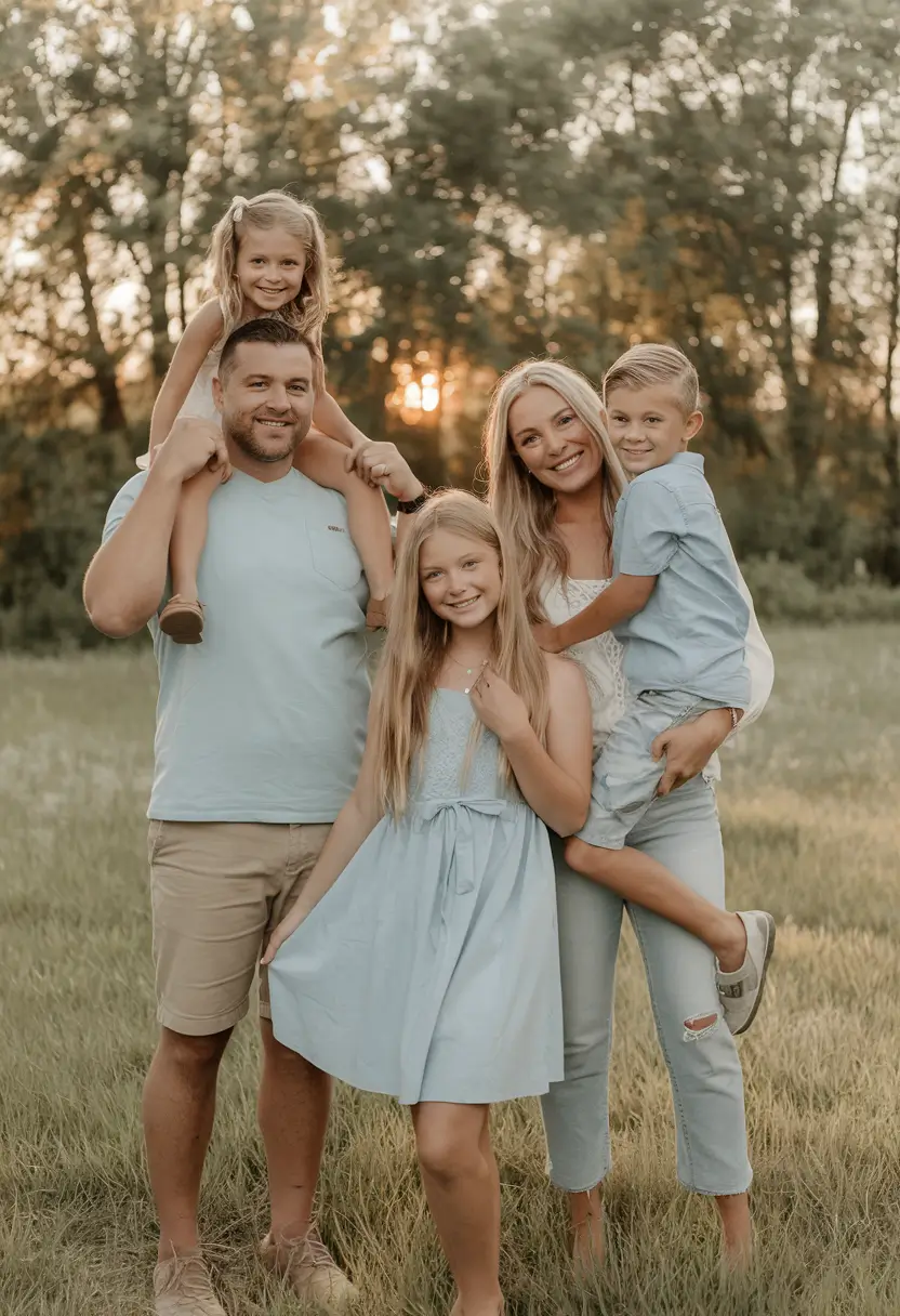 fall family pictures outfits ideas 2025-Light Blue Harmony at Golden Hour