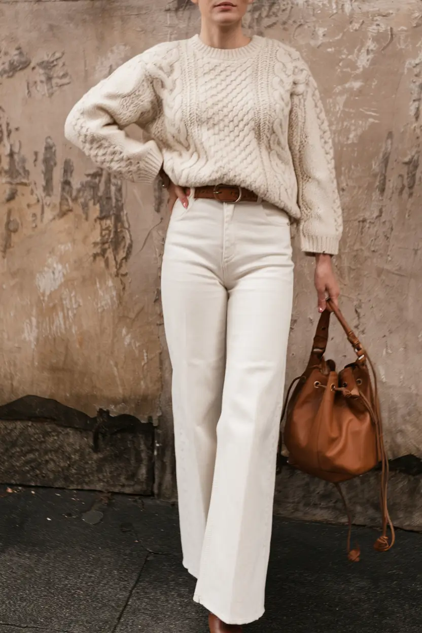 fall fashion inspo for women 2025 Cable Knit Meets Clean White Denim