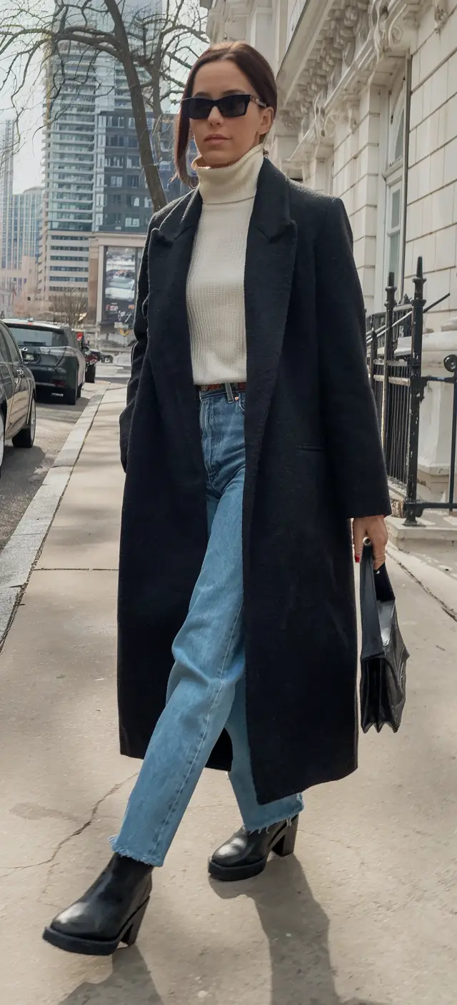 fall fashion inspo for women 2025 Black Coat & Denim: Clean Lines, City Cool