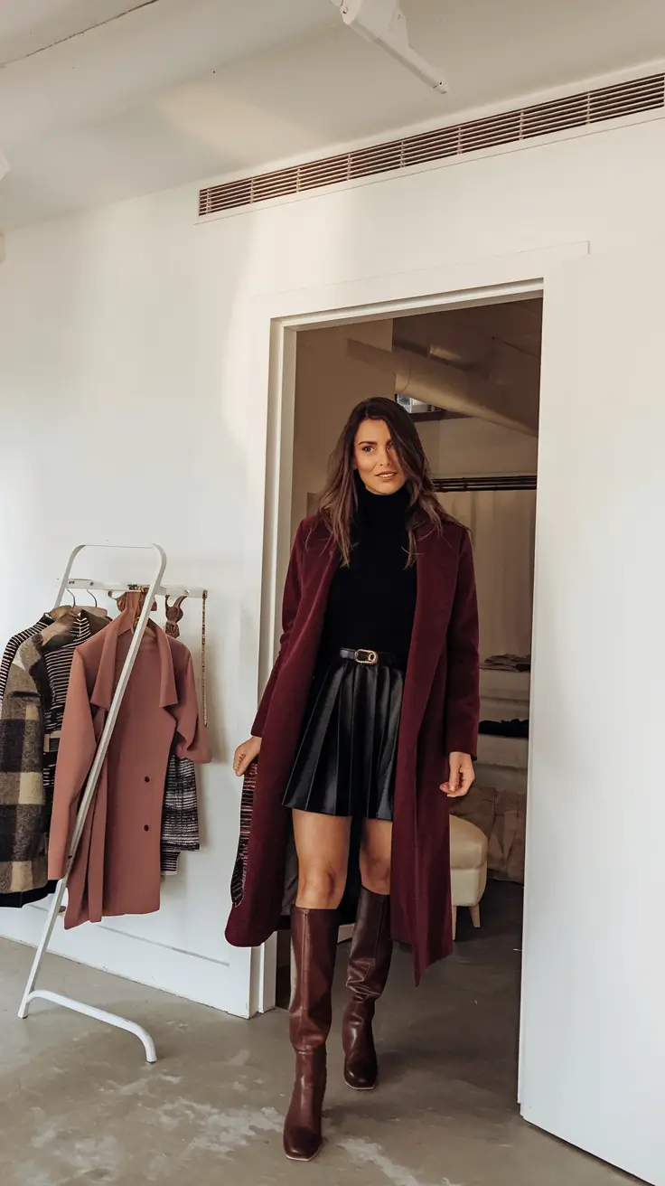 fall fashion inspo for women 2025 Leather Mini & Bordeaux: Autumn Power Dressing