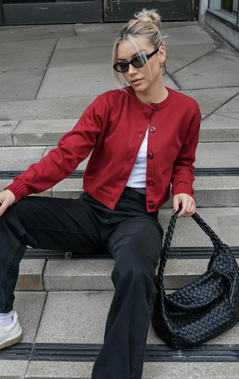 fall fashion trends for women 2025 Cherry Knit & Concrete Cool