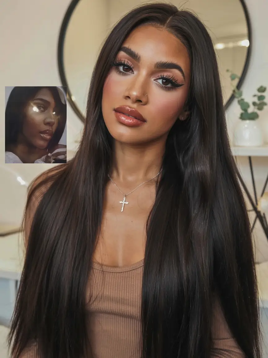 fall hair color for black women ideas 2025 Silken Jet Black Center Part