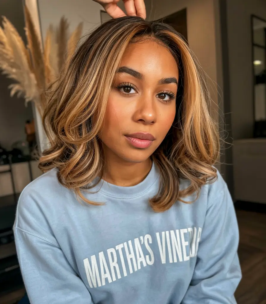 fall hair color for black women ideas 2025 Honey-Touched Blowout Layers