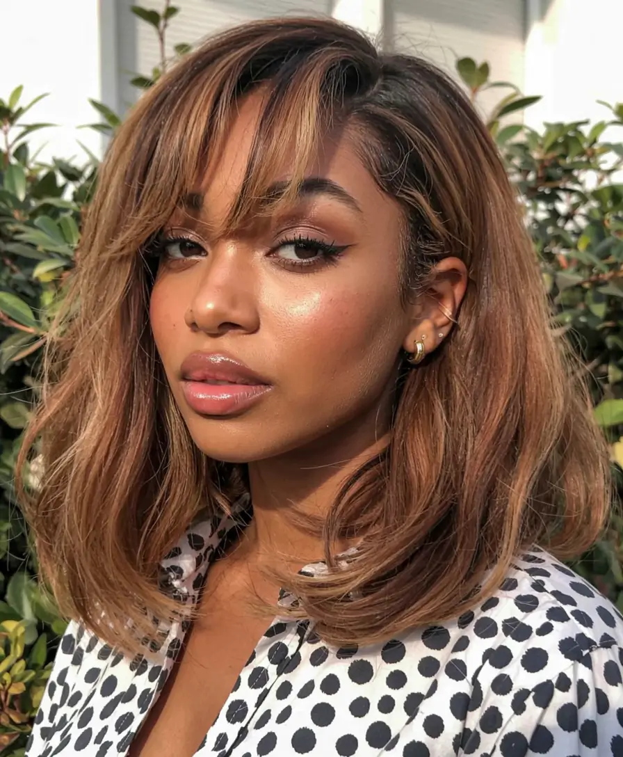 fall hair color for black women ideas 2025 Warm Beige Layers with Bangs