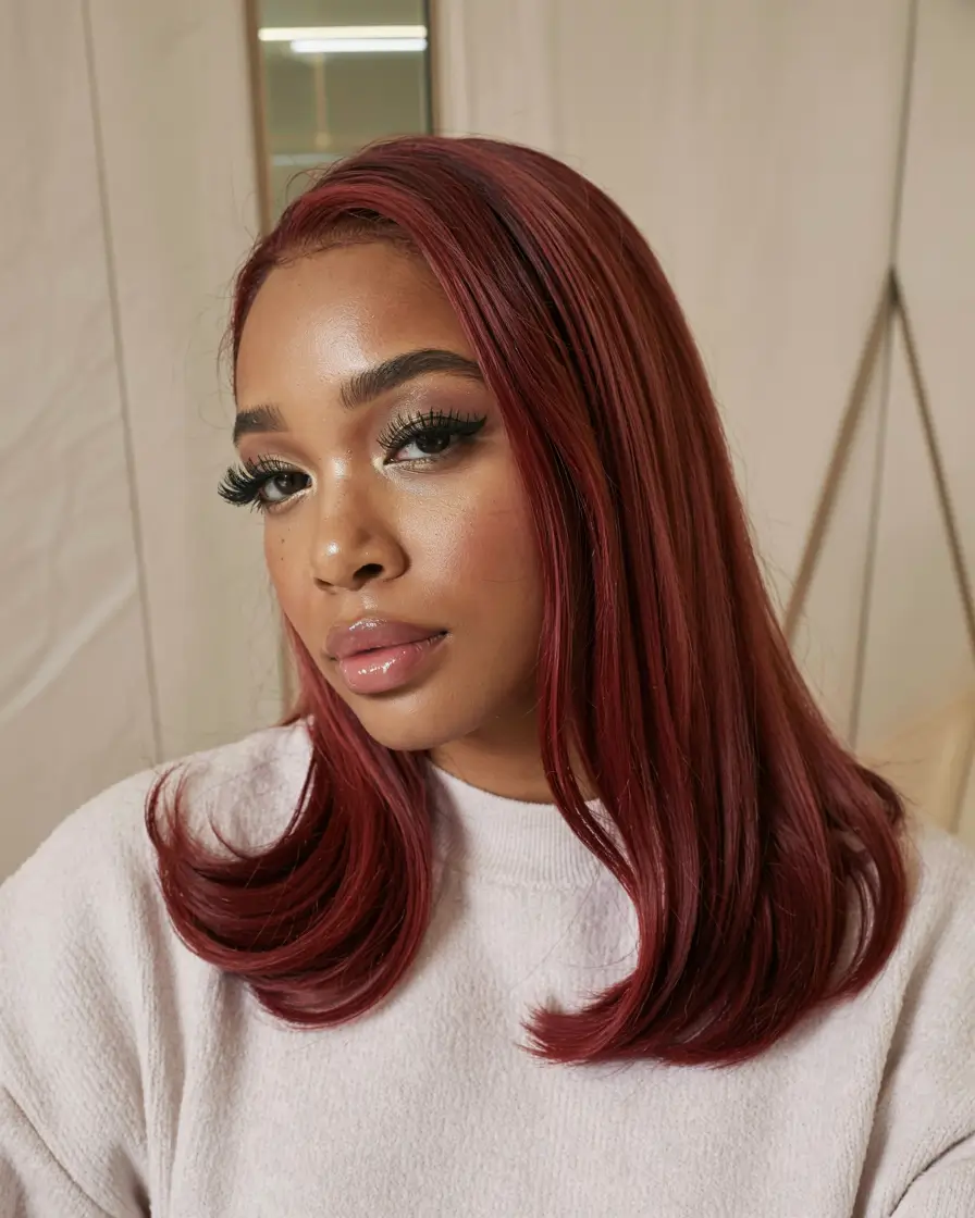 fall hair color for black women ideas 2025 Crimson Plum Flip