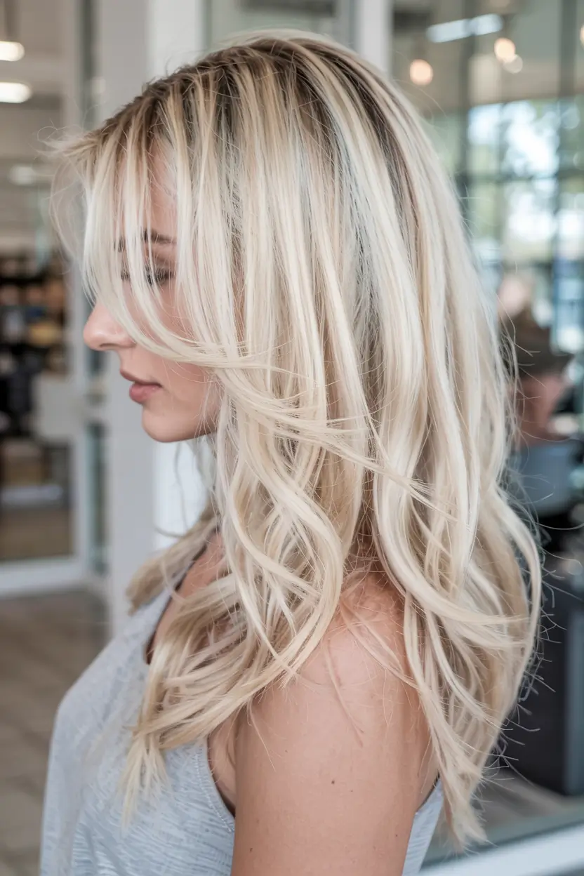 fall hair color for blondes ideas 2025+Frozen Vanilla Blonde with Feathered Layers