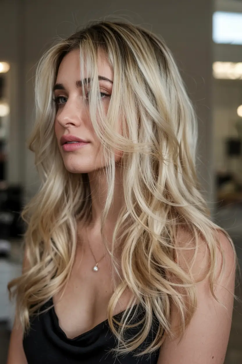 fall hair color for blondes ideas 2025+Golden Champagne Blonde with Cascading Movement