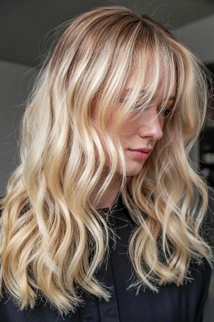 fall hair color for blondes ideas 2025+Buttercream Blonde with Curtain Bangs