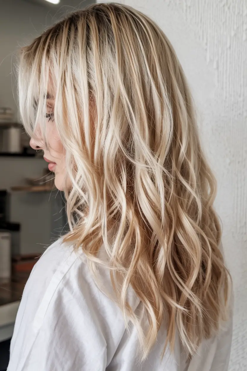 fall hair color for blondes ideas 2025+Champagne Ice Blonde with Textured Layers