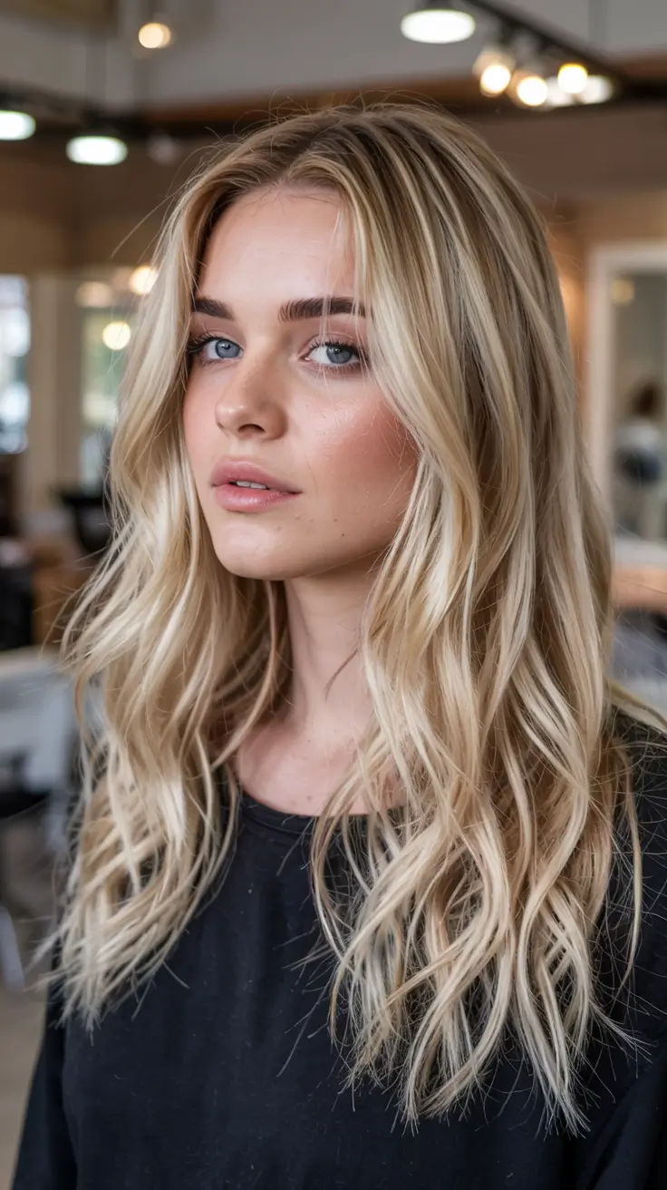 fall hair color for blondes ideas 2025 Golden Beige Waves with Barely-There Roots