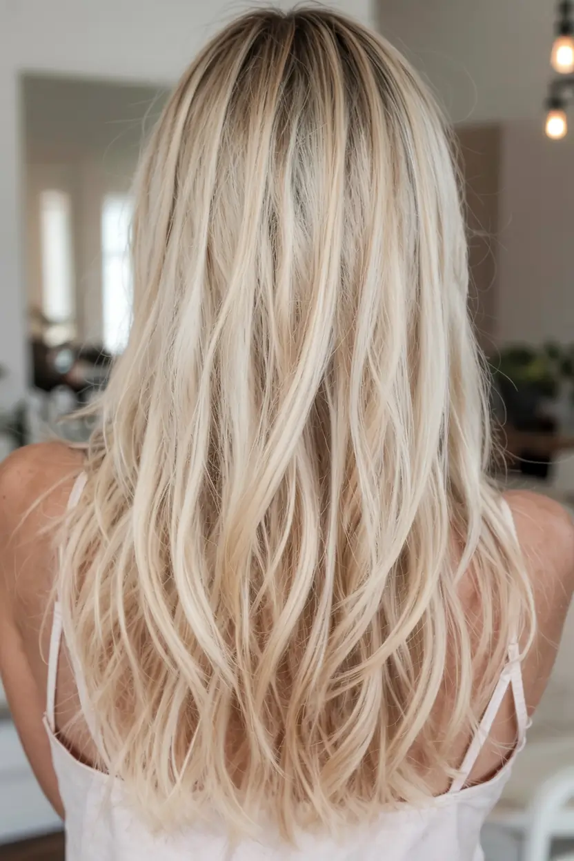 fall hair color for blondes ideas 2025+Cool Champagne Blonde with Loose Texture