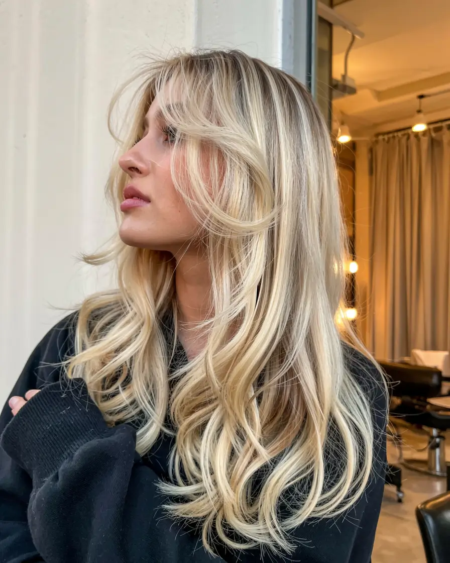 fall hair color for blondes ideas 2025+Layered Vanilla Cream with a Curtain Bang Flow