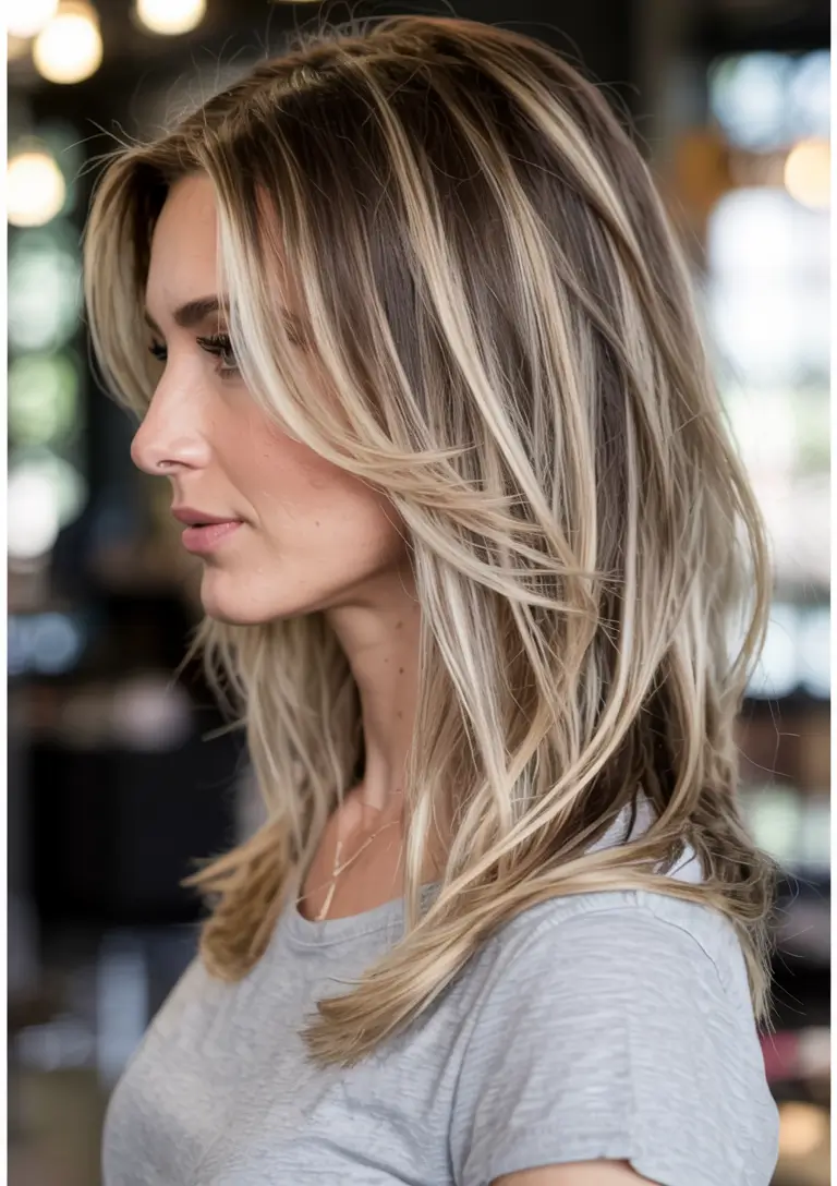 fall hair color ideas 2025 for women over 40+Bright Vanilla Layers With High-Contrast Blonde