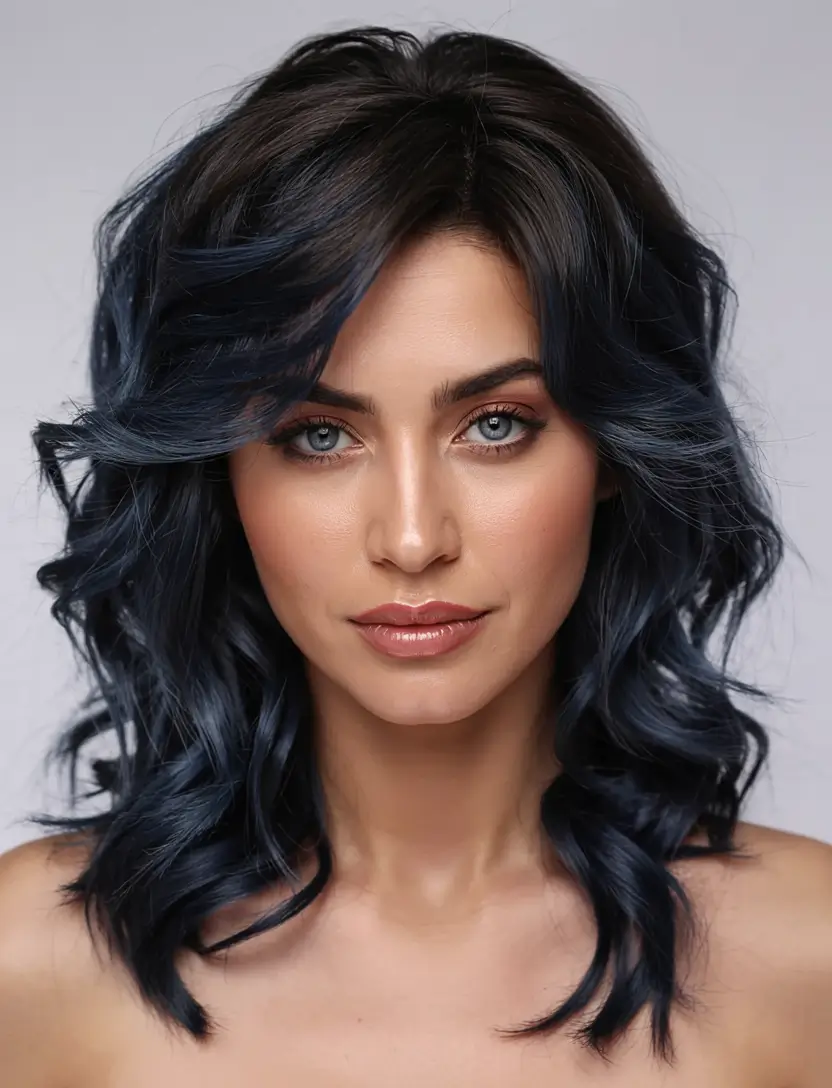 fall hair color ideas 2025 for women over 40+Midnight Curls With Sapphire Depth
