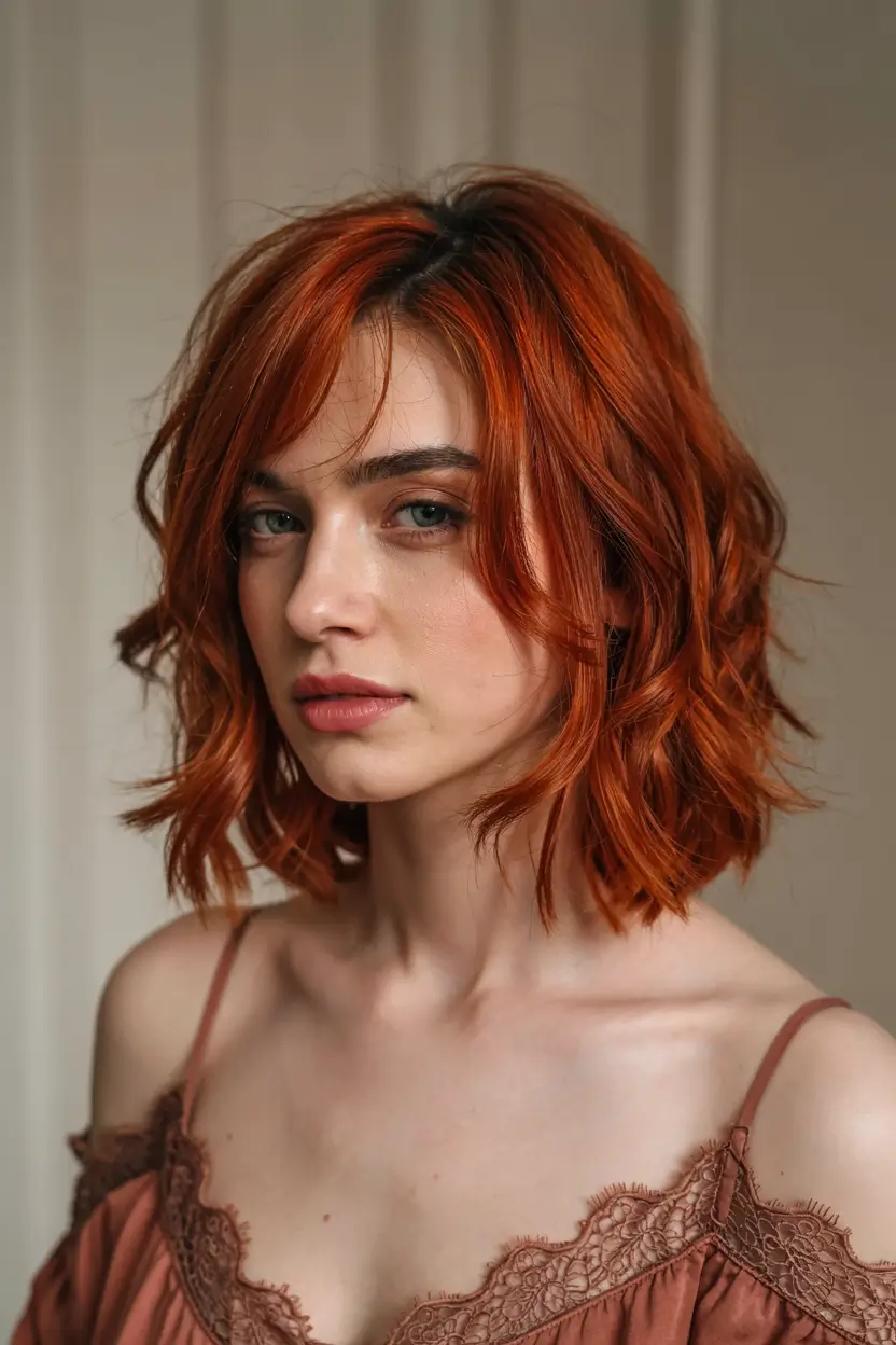 fall hair color ideas 2025 for women over 40+Fiery Copper Lob With Spiced Gloss