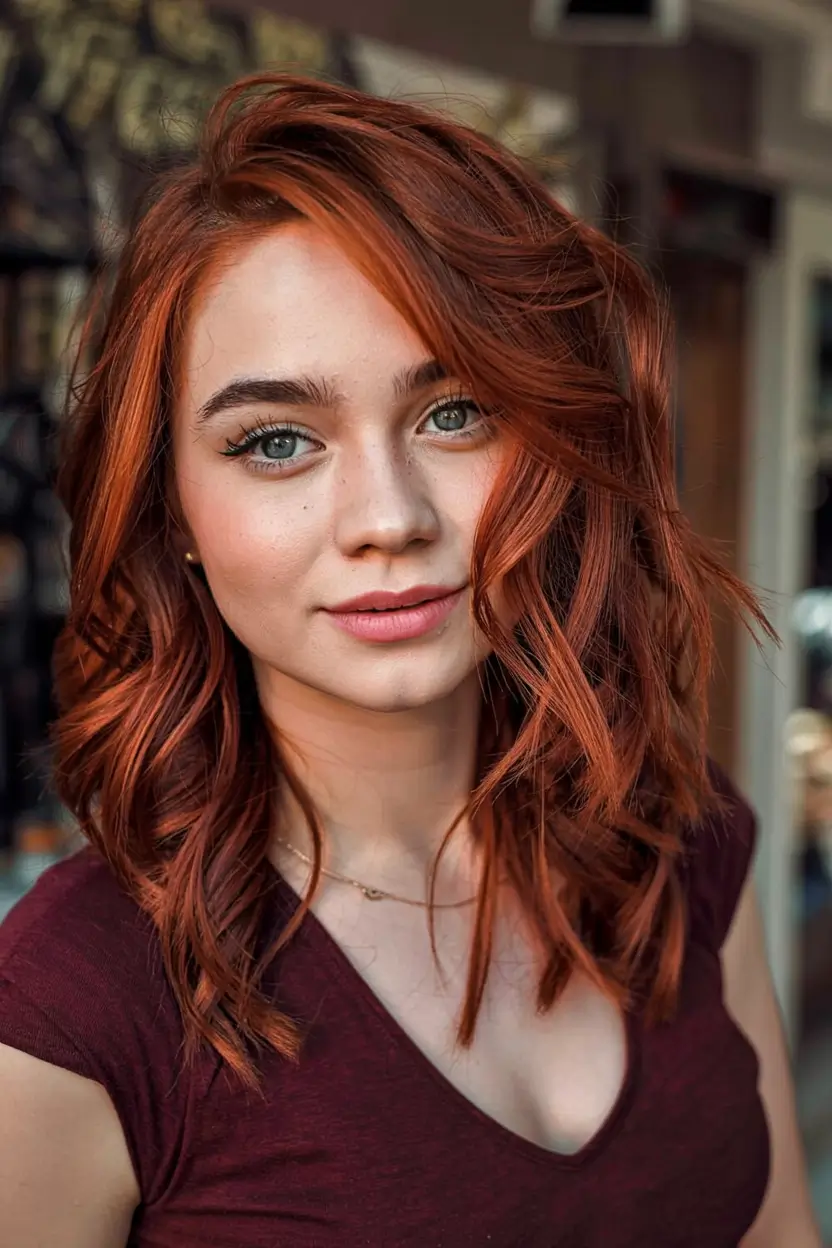 fall hair color ideas 2025 for women over 40+Copper Spice Waves With Natural Glam