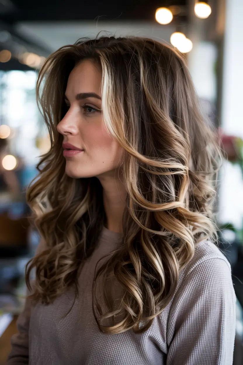 fall hair color ideas 2025 for women over 40+Creamy Latte Curls With Sweeping Volume