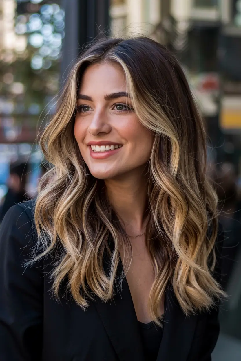 fall hair color ideas 2025 for women over 40+Golden Frontlights With Soft Espresso Waves