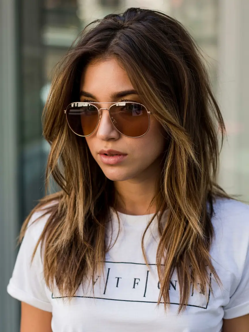 fall hair color ideas 2025 for women over 40+Blown-Out Layers With Rooty Honey Brown