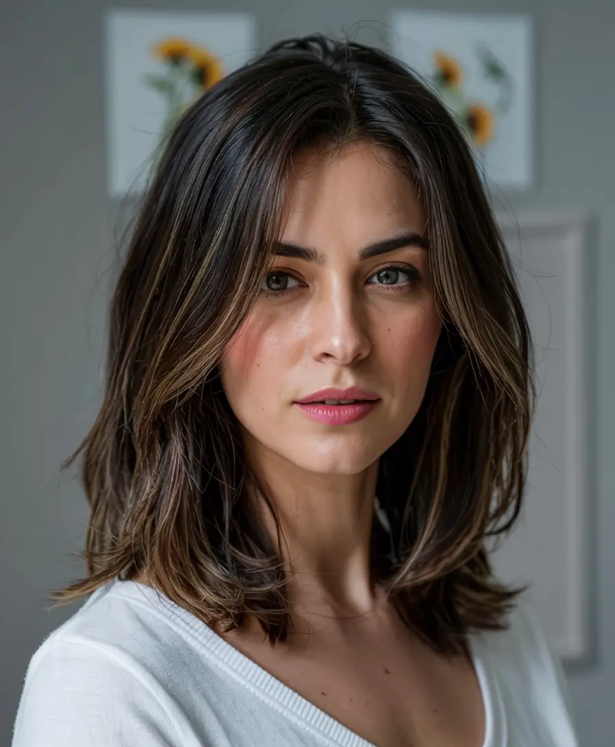 fall hair color ideas 2025 for women over 40+Soft Cocoa With Feathered Ends