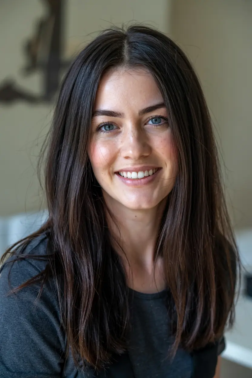 fall hair color ideas 2025 for women over 40+Natural Brunette Length With a Hint of Auburn