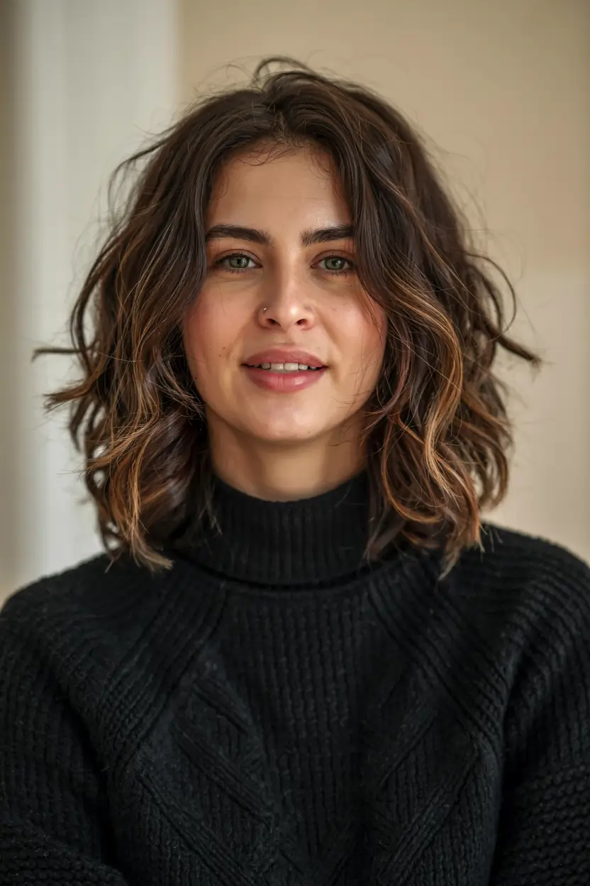 fall hair color ideas 2025 for women over 40+Airy Curls With Rooty Bronze Accents
